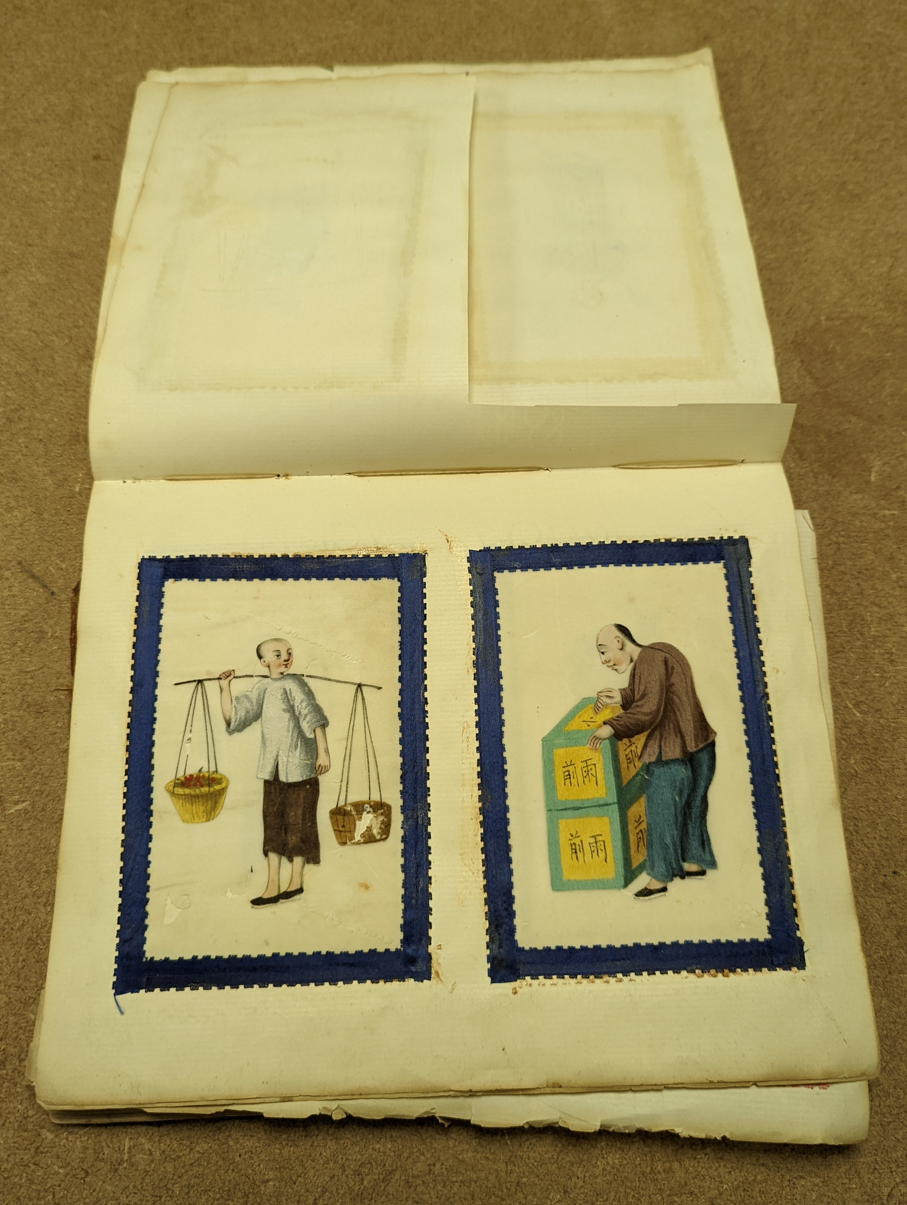 Three albums of assorted 19th century Chinese pith paintings of trades, mandarin figures and boats